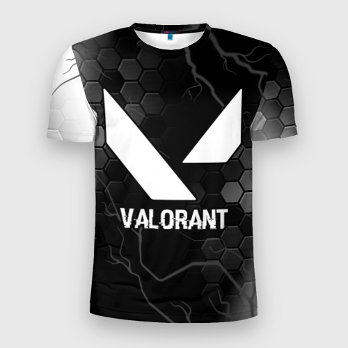 Мужская футболка 3D Slim с принтом Valorant glitch на темном фоне, вид спереди #2