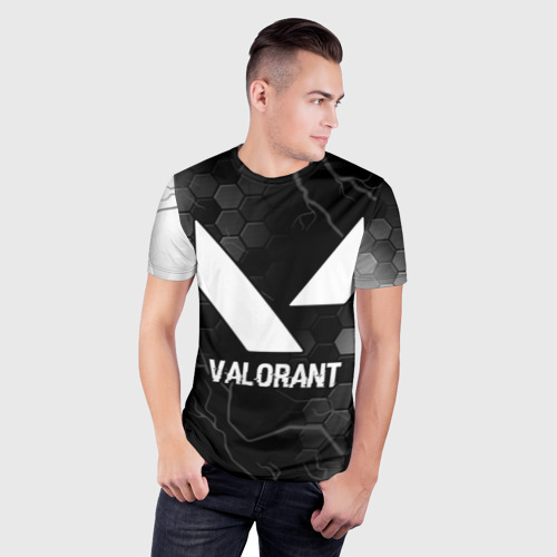 Мужская футболка 3D Slim с принтом Valorant glitch на темном фоне, фото на моделе #1