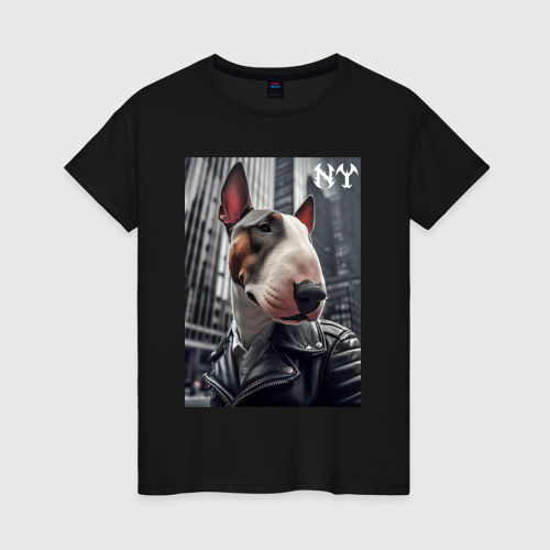 Женская футболка хлопок Dude bull terrier in New York - ai art, цвет черный