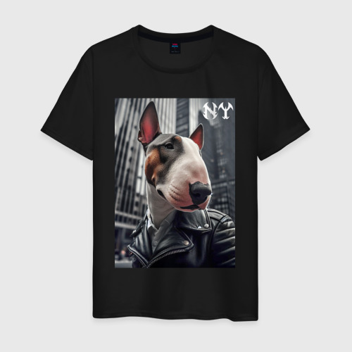 Мужская футболка хлопок Dude bull terrier in New York - ai art, цвет черный