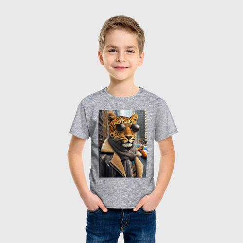 Детская футболка хлопок Леопард модник - Нью-Йорк - нейросеть, цвет меланж - фото 3