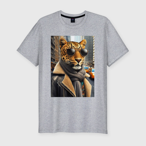 Мужская футболка хлопок Slim Леопард модник - Нью-Йорк - нейросеть, цвет меланж