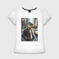 Женская футболка хлопок Slim Крутой аллигатор в Нью-Йорке - нейросеть