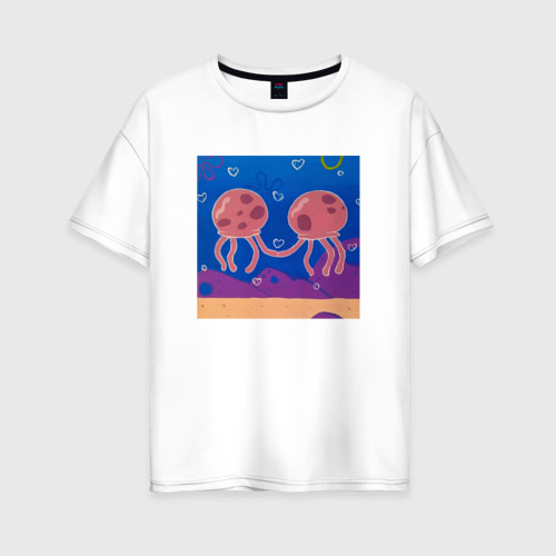 Женская футболка из хлопка оверсайз с принтом Влюбленные медузки, вид спереди №1