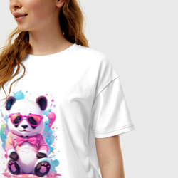 Женская футболка хлопок Oversize Милая панда в розовых очках и бантике - фото 2