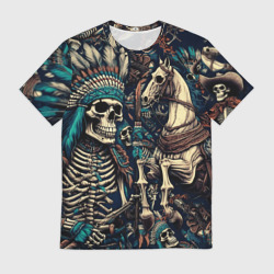 Мужская футболка 3D Татуировка скелета индейца и ковбоя в техасе