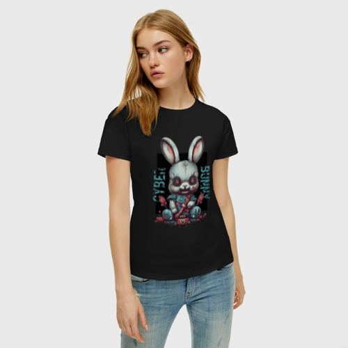Женская футболка хлопок с принтом Киберпанк зайчик, фото на моделе #1