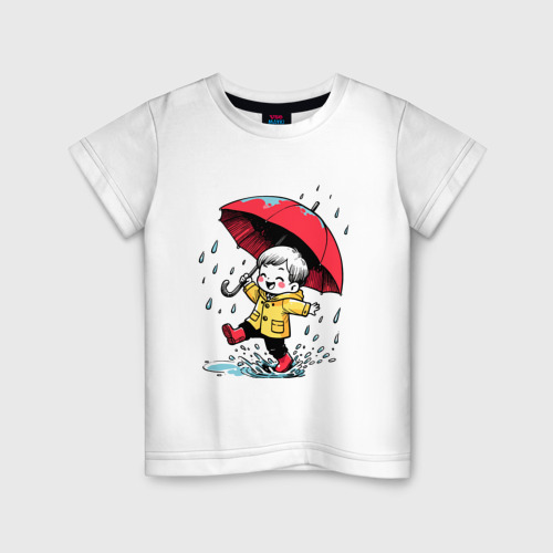 Детская футболка из хлопка с принтом Прогулка под дождем, вид спереди №1