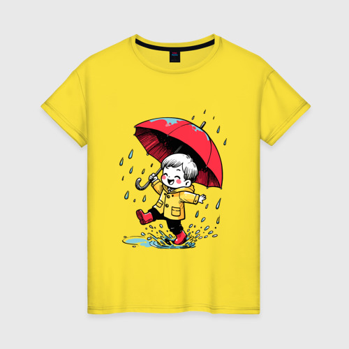 Женская футболка хлопок с принтом Прогулка под дождем, вид спереди #2