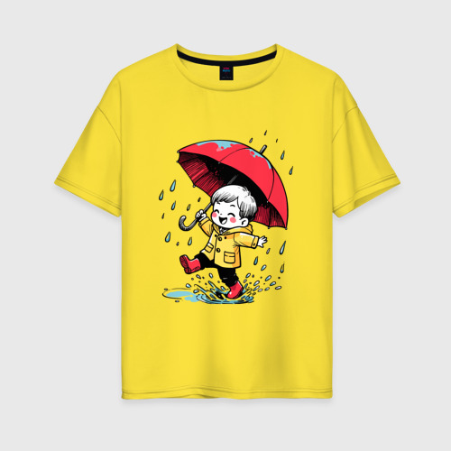 Женская футболка хлопок Oversize Прогулка под дождем, цвет желтый