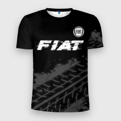 Мужская футболка 3D Slim Fiat speed на темном фоне со следами шин посередине