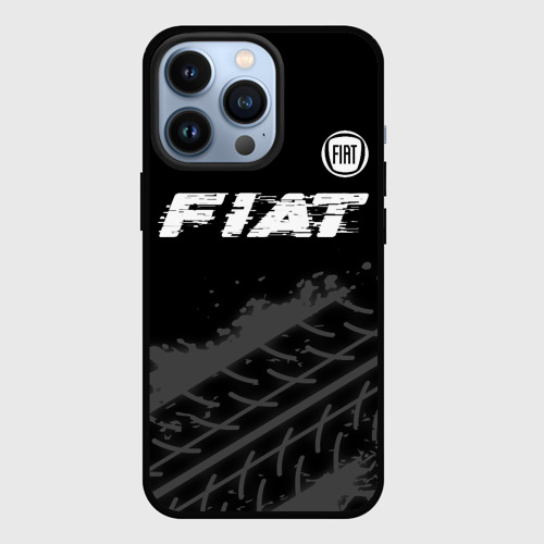 Чехол для iPhone 13 Pro с принтом Fiat speed на темном фоне со следами шин посередине, вид спереди #2