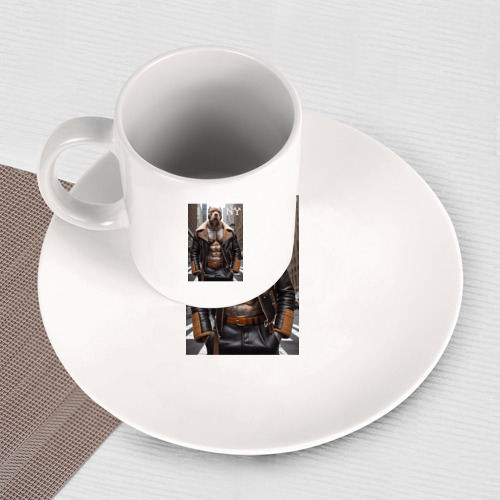 Набор: тарелка + кружка Крутой чувак питбуль в Нью-Йорке - нейросеть - фото 3