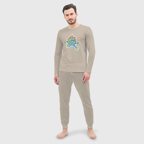Мужская пижама с лонгсливом хлопок Бегущий коронавирус в маске, цвет миндальный - фото 3