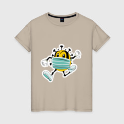 Женская футболка хлопок Убегающий коронавирус в маске