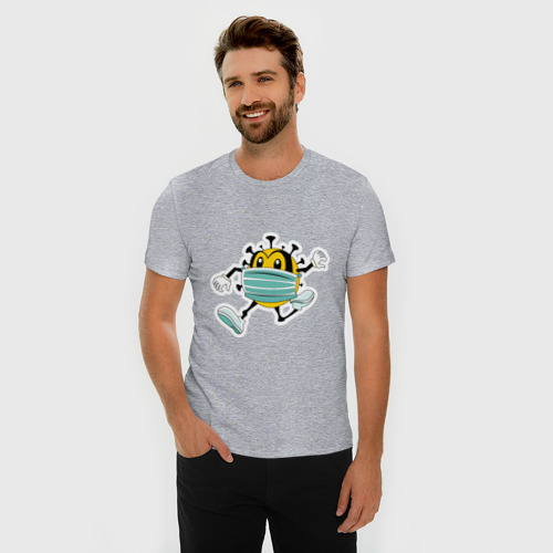 Мужская футболка хлопок Slim Убегающий коронавирус в маске, цвет меланж - фото 3