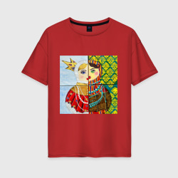 Женская футболка хлопок Oversize Матрешка двуликая картина