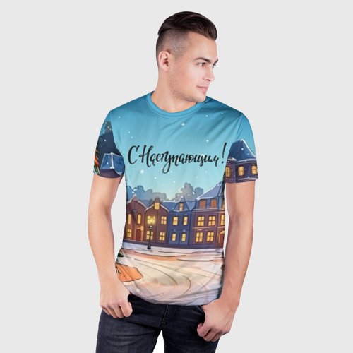 Мужская футболка 3D Slim с принтом С наступающим  новогодний город, фото на моделе #1