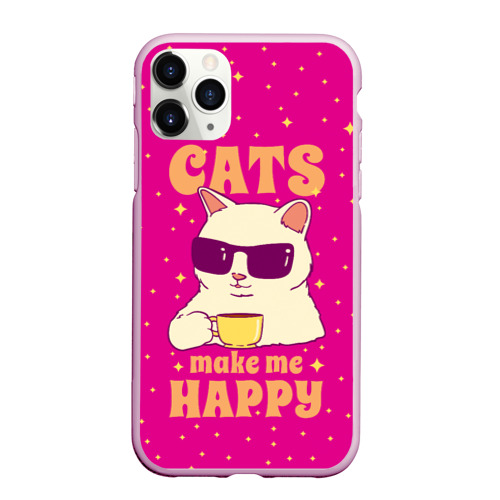 Чехол для iPhone 11 Pro Max матовый Cats make me happy - кот в очках мемный, цвет розовый