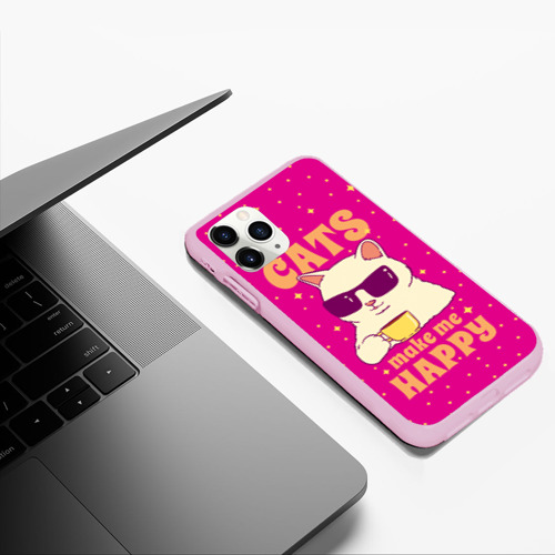 Чехол для iPhone 11 Pro Max матовый Cats make me happy - кот в очках мемный, цвет розовый - фото 5