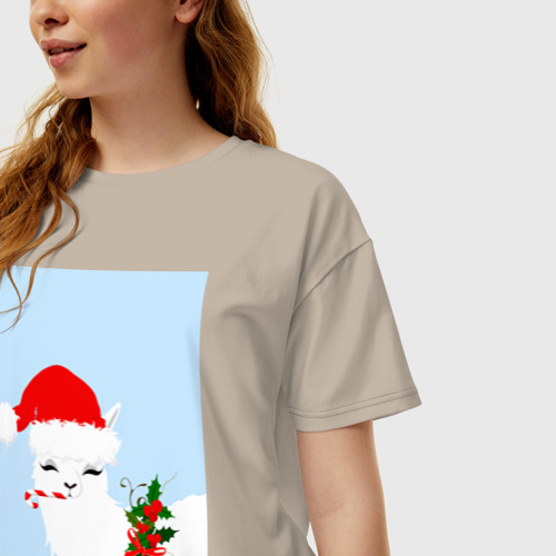Женская футболка хлопок Oversize с принтом Санта лама, фото на моделе #1