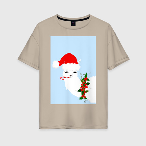Женская футболка хлопок Oversize с принтом Санта лама, вид спереди #2
