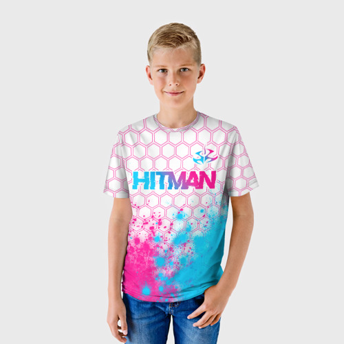 Детская футболка 3D Hitman neon gradient style посередине, цвет 3D печать - фото 3