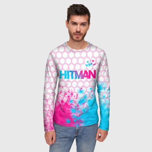 Мужской лонгслив 3D Hitman neon gradient style посередине, цвет 3D печать - фото 3