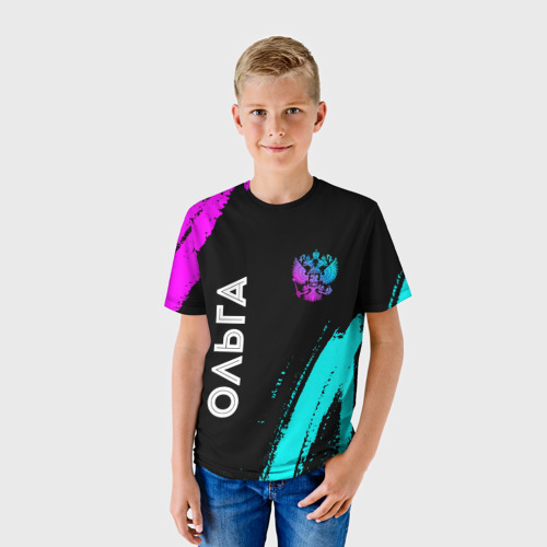 Детская футболка 3D Ольга и неоновый герб России вертикально, цвет 3D печать - фото 3