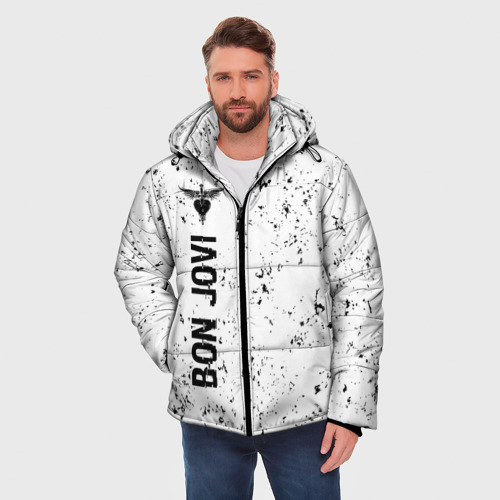Мужская зимняя куртка 3D с принтом Bon Jovi glitch на светлом фоне по-вертикали, фото на моделе #1