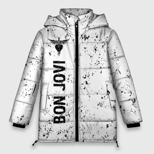 Женская зимняя куртка 3D с принтом Bon Jovi glitch на светлом фоне по-вертикали, вид спереди #2