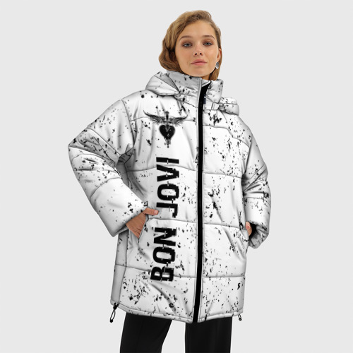 Женская зимняя куртка 3D с принтом Bon Jovi glitch на светлом фоне по-вертикали, фото на моделе #1