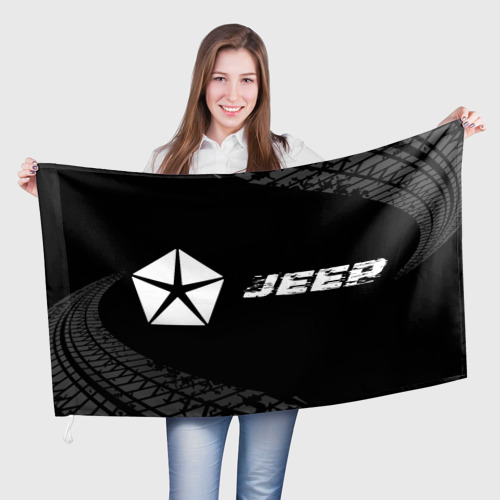 Флаг 3D Jeep speed на темном фоне со следами шин по-горизонтали