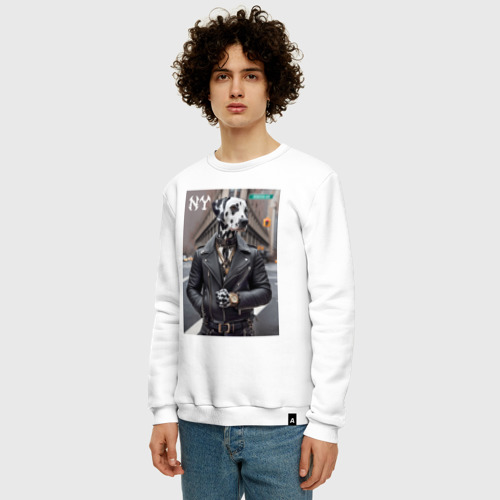 Мужской свитшот хлопок Далматинец модник в Нью-Йорке - нейросеть, цвет белый - фото 3