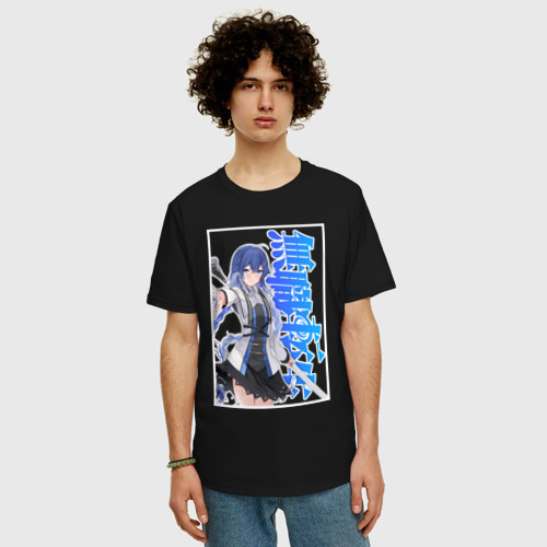 Мужская футболка хлопок Oversize Рокси Мигурдия - синие иероглифы, цвет черный - фото 3