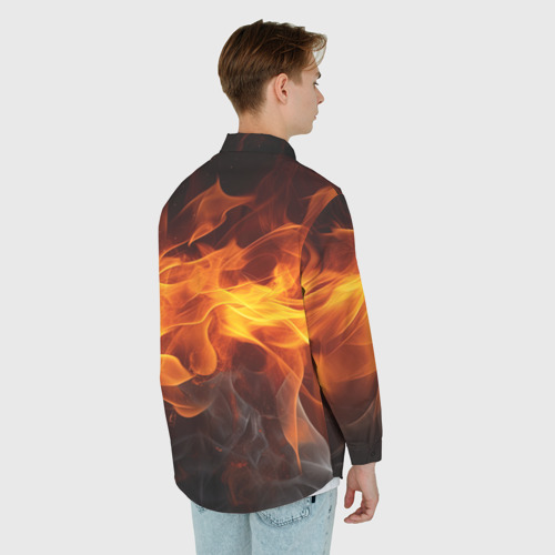 Мужская рубашка oversize 3D с принтом Огонь  на черном   фоне, вид сзади #2