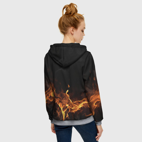 Женская толстовка 3D на молнии с принтом Черный  фон и огонь, вид сзади #2