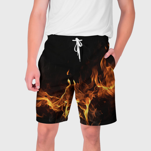 Мужские шорты 3D с принтом Черный  фон и огонь, вид спереди #2