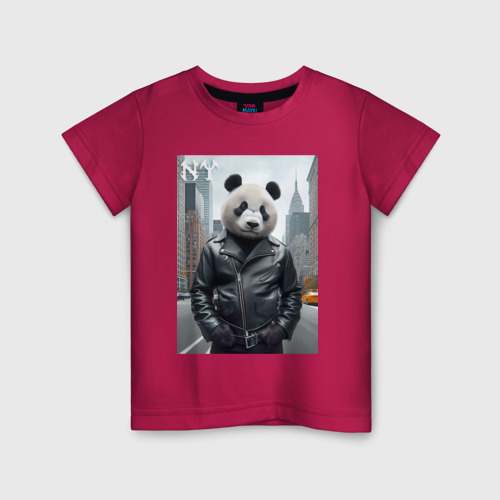 Детская футболка хлопок с принтом Чувак-панда в центре Нью-Йорка - нейросеть, вид спереди #2