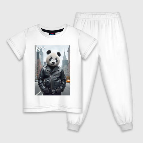 Детская пижама из хлопка с принтом Чувак-панда в центре Нью-Йорка - нейросеть, вид спереди №1