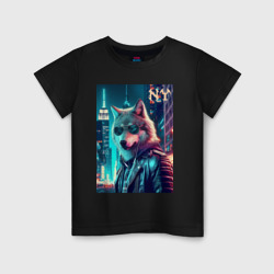 Детская футболка хлопок Крутой волчара в ночном Нью-Йорке - нейросеть