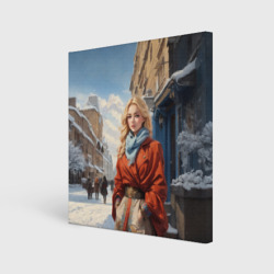 Холст квадратный Девушка на зимней прогулке 