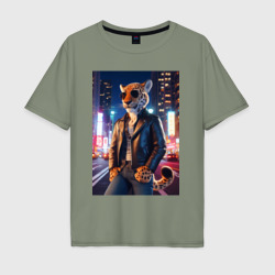 Funny leopard - neon city - ai art – Мужская футболка хлопок Oversize с принтом купить со скидкой в -16%
