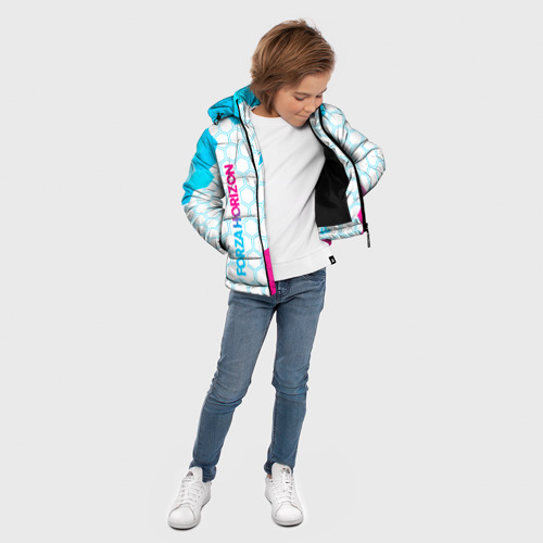Зимняя куртка для мальчиков 3D с принтом Forza Horizon neon gradient style вертикально, вид сбоку #3