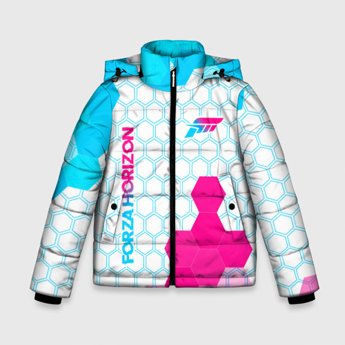 Зимняя куртка для мальчиков 3D с принтом Forza Horizon neon gradient style вертикально, вид спереди #2