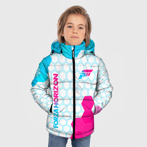 Зимняя куртка для мальчиков 3D с принтом Forza Horizon neon gradient style вертикально, фото на моделе #1