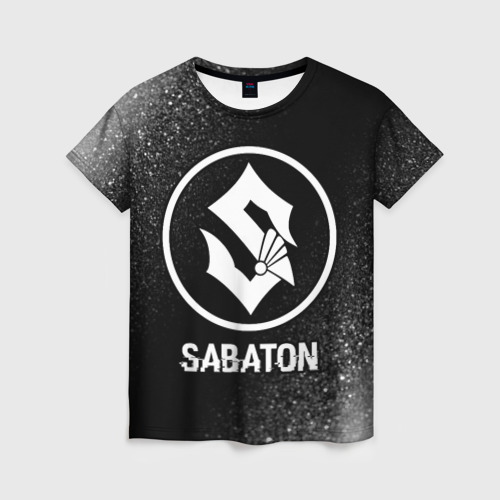 Женская футболка с принтом Sabaton glitch на темном фоне, вид спереди №1