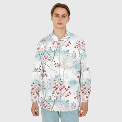 Мужская рубашка oversize 3D Акварельные веточки рябины - зимний паттерн - фото 2