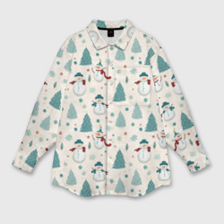 Женская рубашка oversize 3D Снеговики и елочки от нейросети - новогодний паттерн