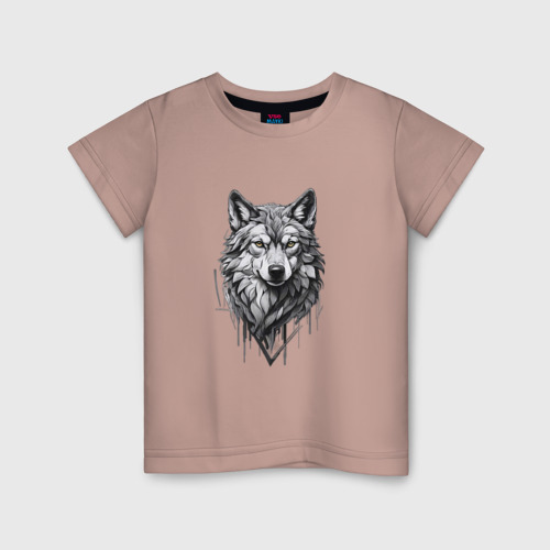Детская футболка хлопок с принтом Волк в серых тонах, вид спереди #2